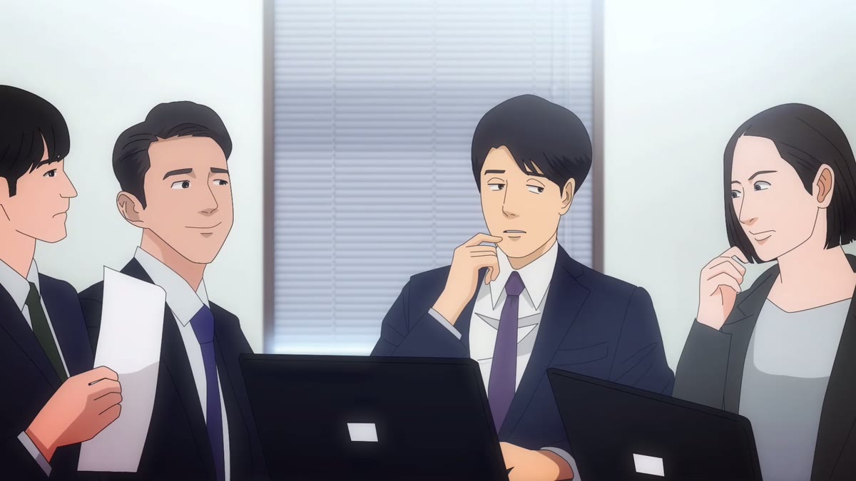 オフィスの会議で、社員たちが顔を見合わせて意見を言い出せずにいるアニメーションのワンシーン